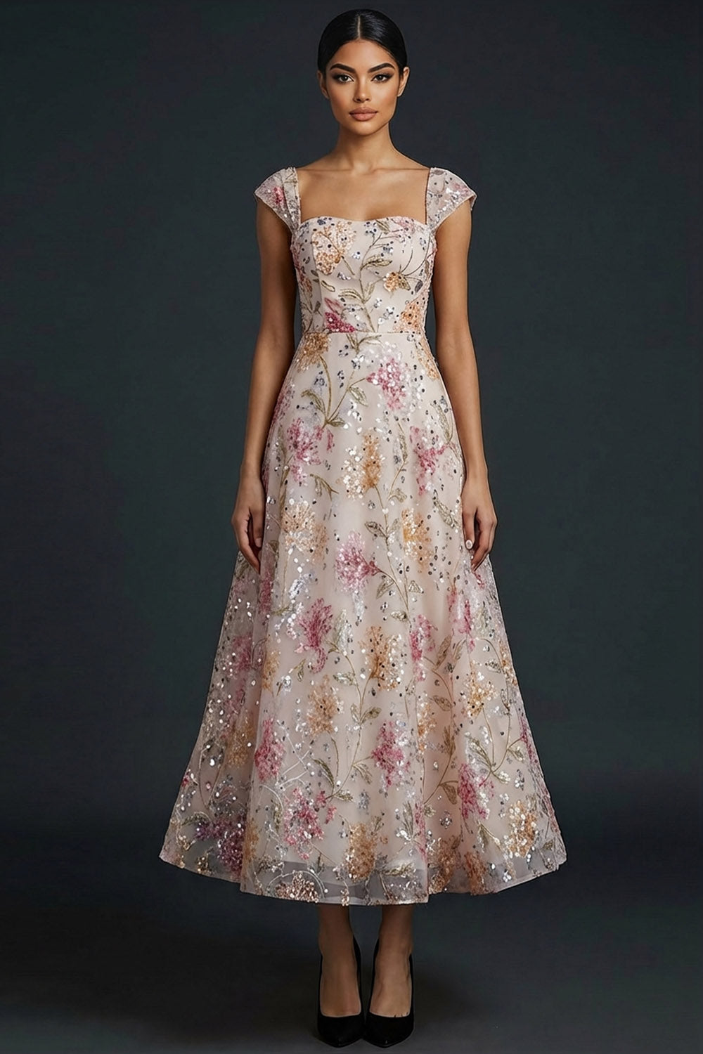 Sparkly Floral Pink Sequined A Line Long Gala Dress