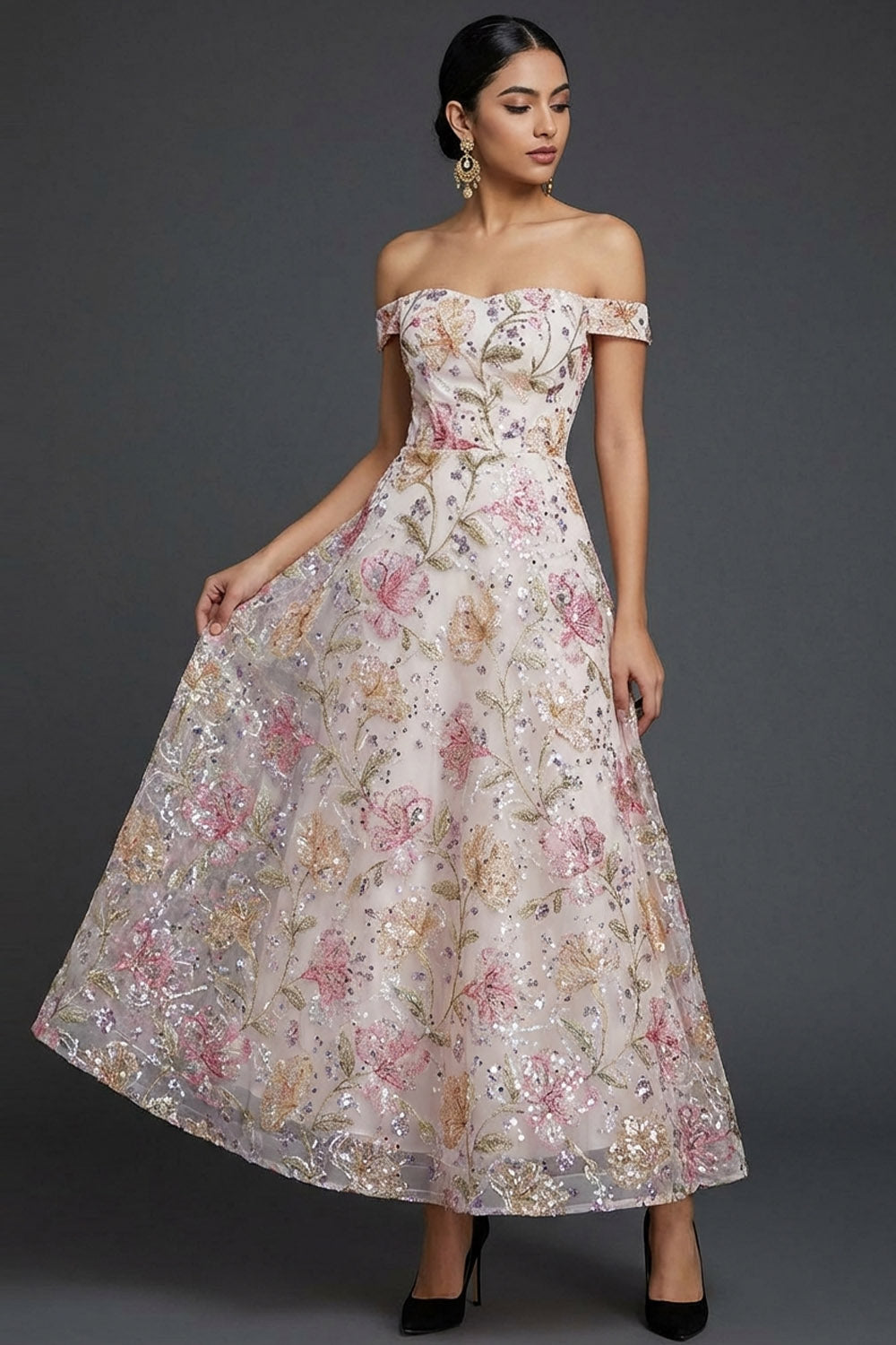 Sparkly Floral Pink Off the Shoulder Sequined Long Wedding Guest Dress