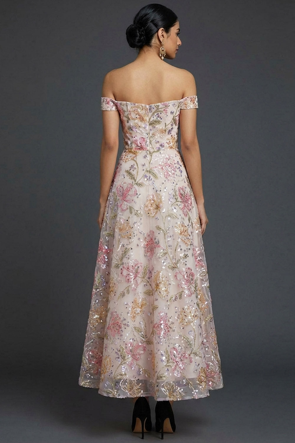 Sparkly Floral Pink Off the Shoulder Sequined Long Wedding Guest Dress