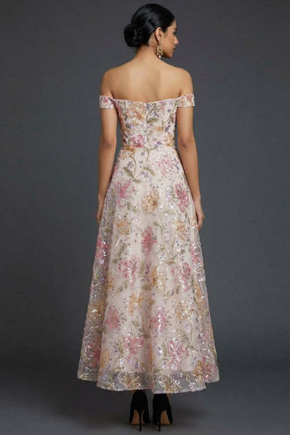 Sparkly Floral Pink Off the Shoulder Sequined Long Wedding Guest Dress