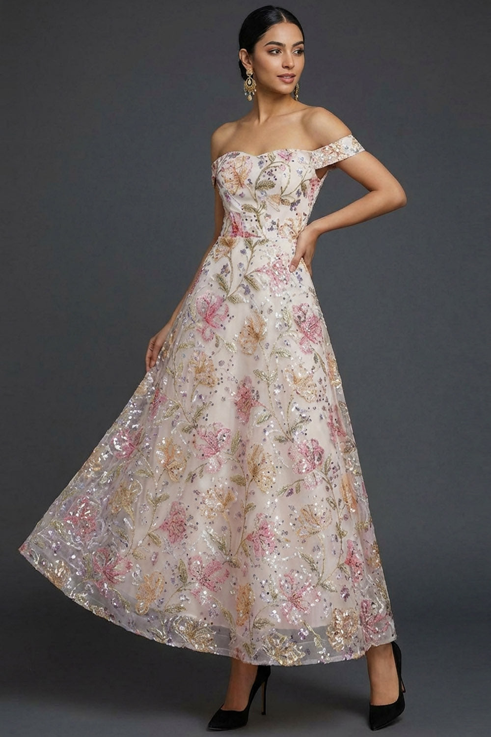 Sparkly Floral Pink Off the Shoulder Sequined Long Wedding Guest Dress