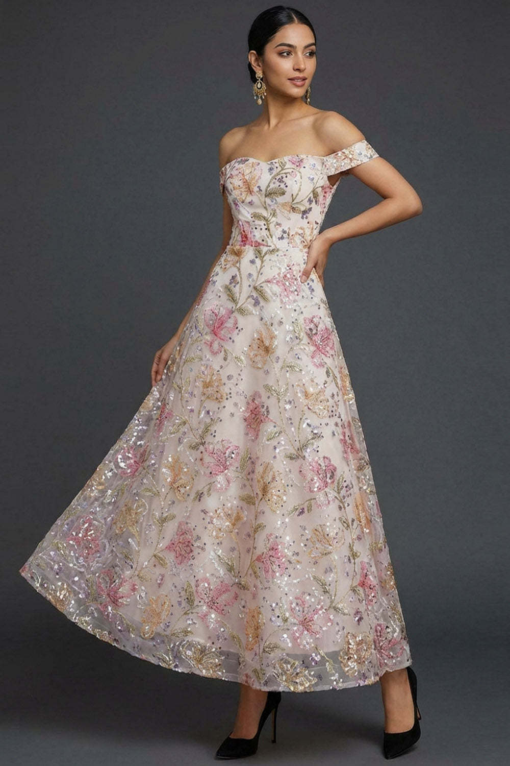 Sparkly Floral Pink Off the Shoulder Sequined Long Wedding Guest Dress