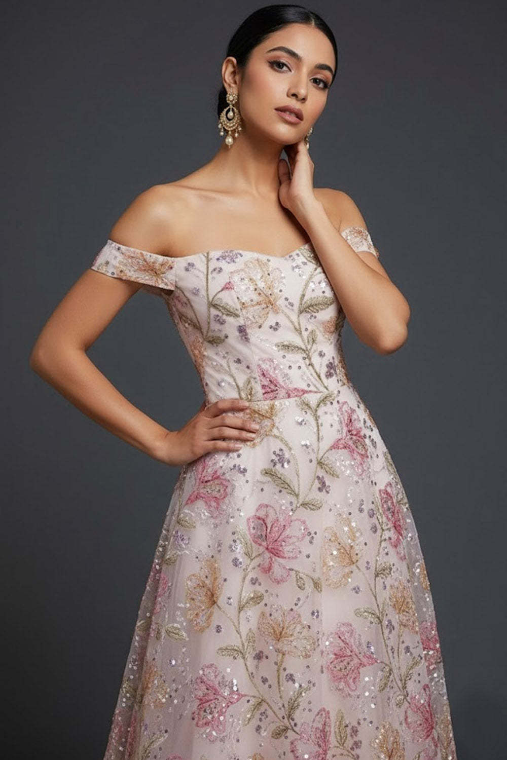 Sparkly Floral Pink Off the Shoulder Sequined Long Wedding Guest Dress
