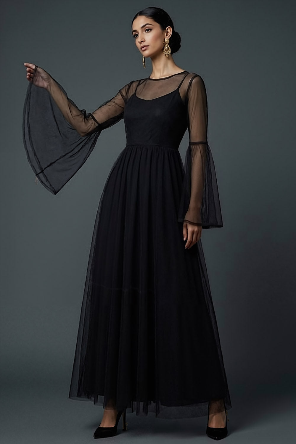 Black A Line Spaghetti Straps Tulle Long Formal Dress with Flutter Sleeves