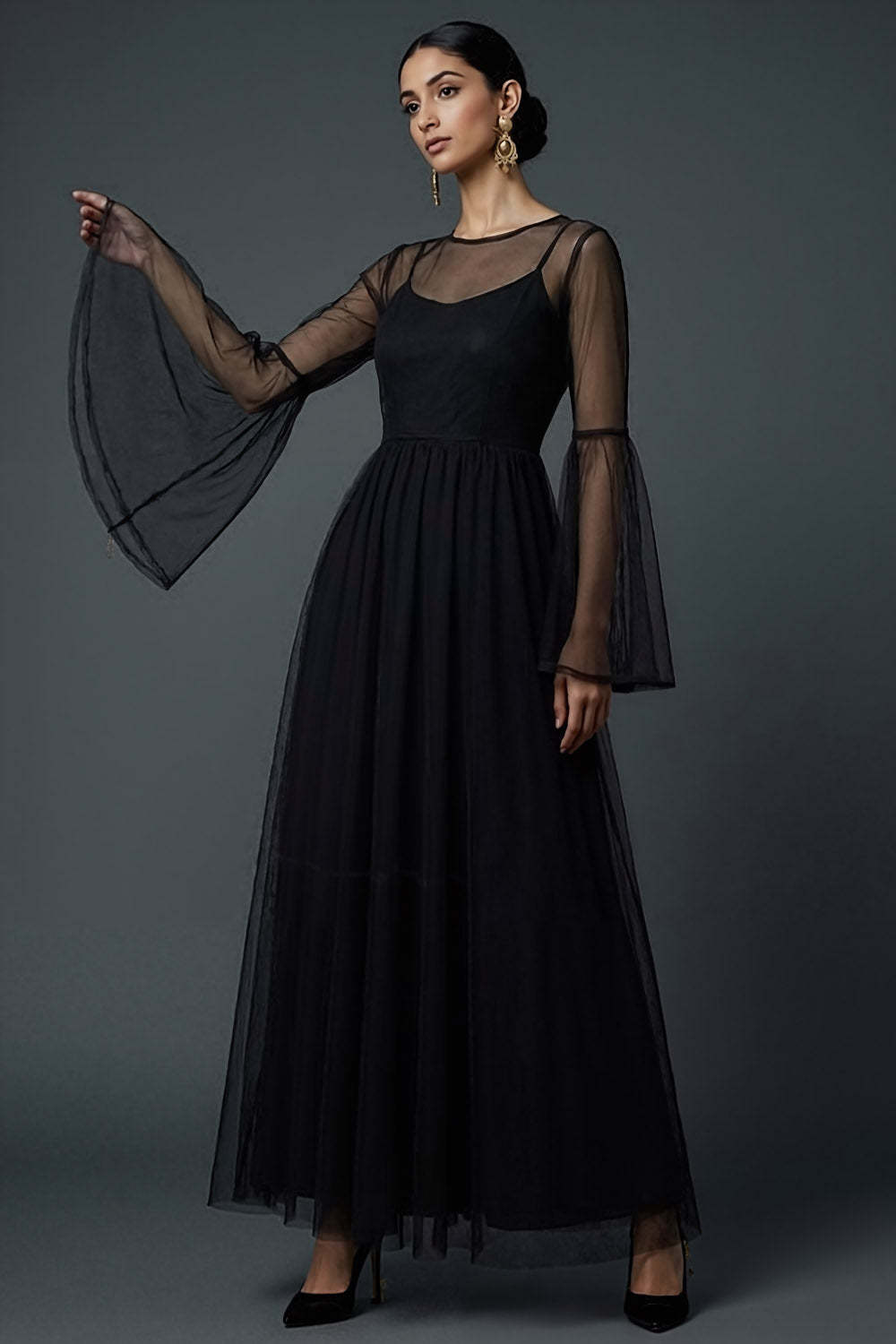 Leely Women Black Spaghetti Straps Tulle Long Formal Dress Flutter Sleeves A Line Pleated Evening Dress