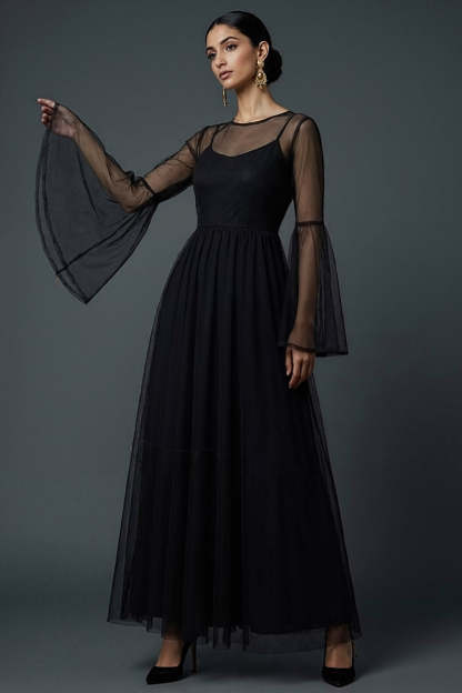 Leely Women Black Spaghetti Straps Tulle Long Formal Dress Flutter Sleeves A Line Pleated Evening Dress