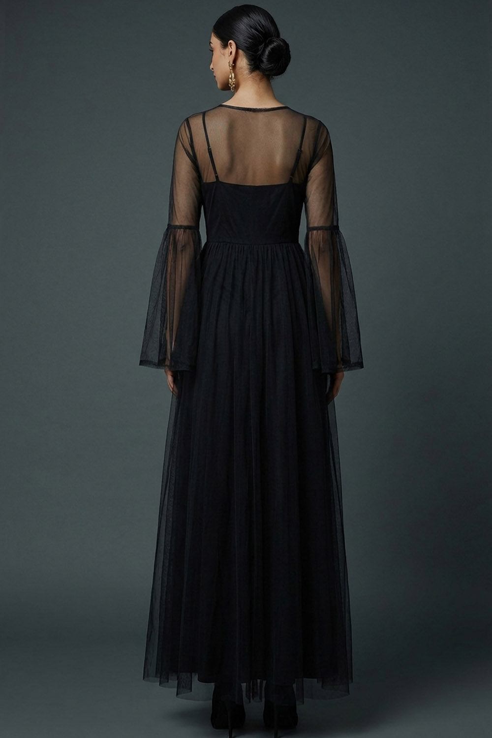 Black A Line Spaghetti Straps Tulle Long Formal Dress with Flutter Sleeves