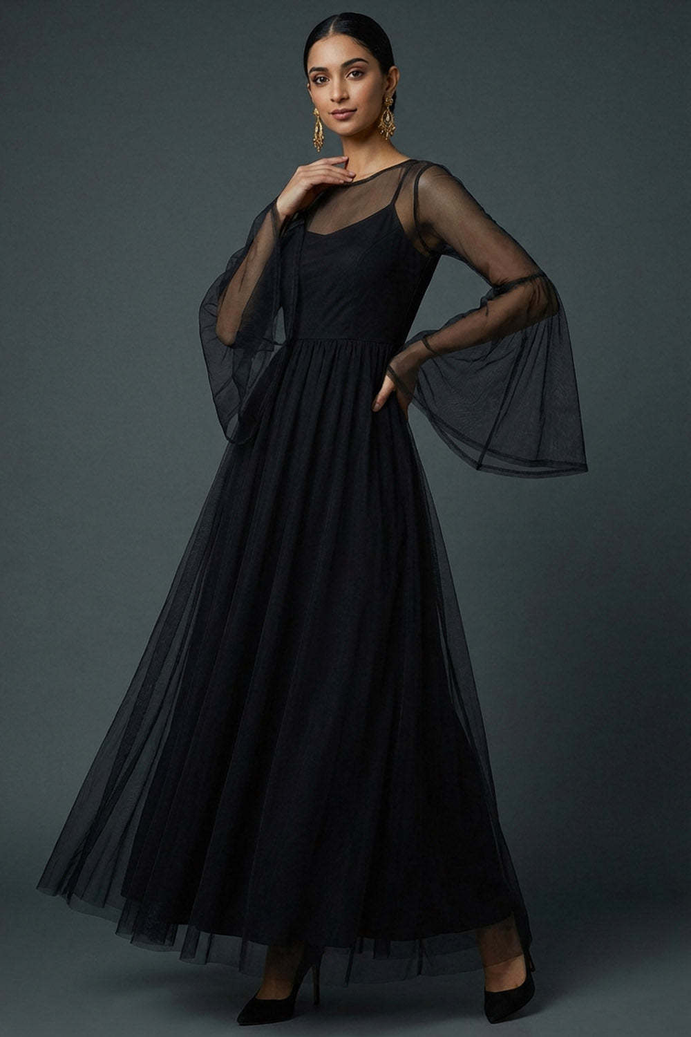 Black A Line Spaghetti Straps Tulle Long Formal Dress with Flutter Sleeves