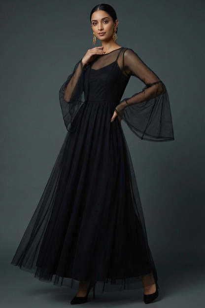 Black A Line Spaghetti Straps Tulle Long Formal Dress with Flutter Sleeves