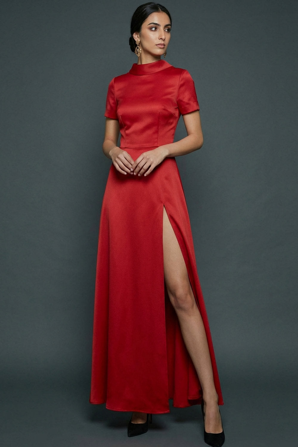 Red Satin A Line Long Formal Dress with Slit