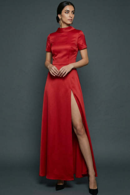 Red Satin A Line Long Formal Dress with Slit