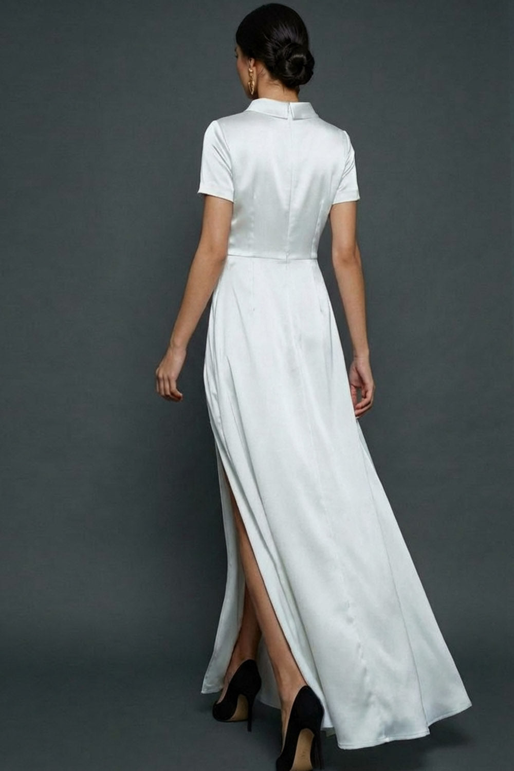 White Satin A Line Long Wedding Reception Dress with Slit