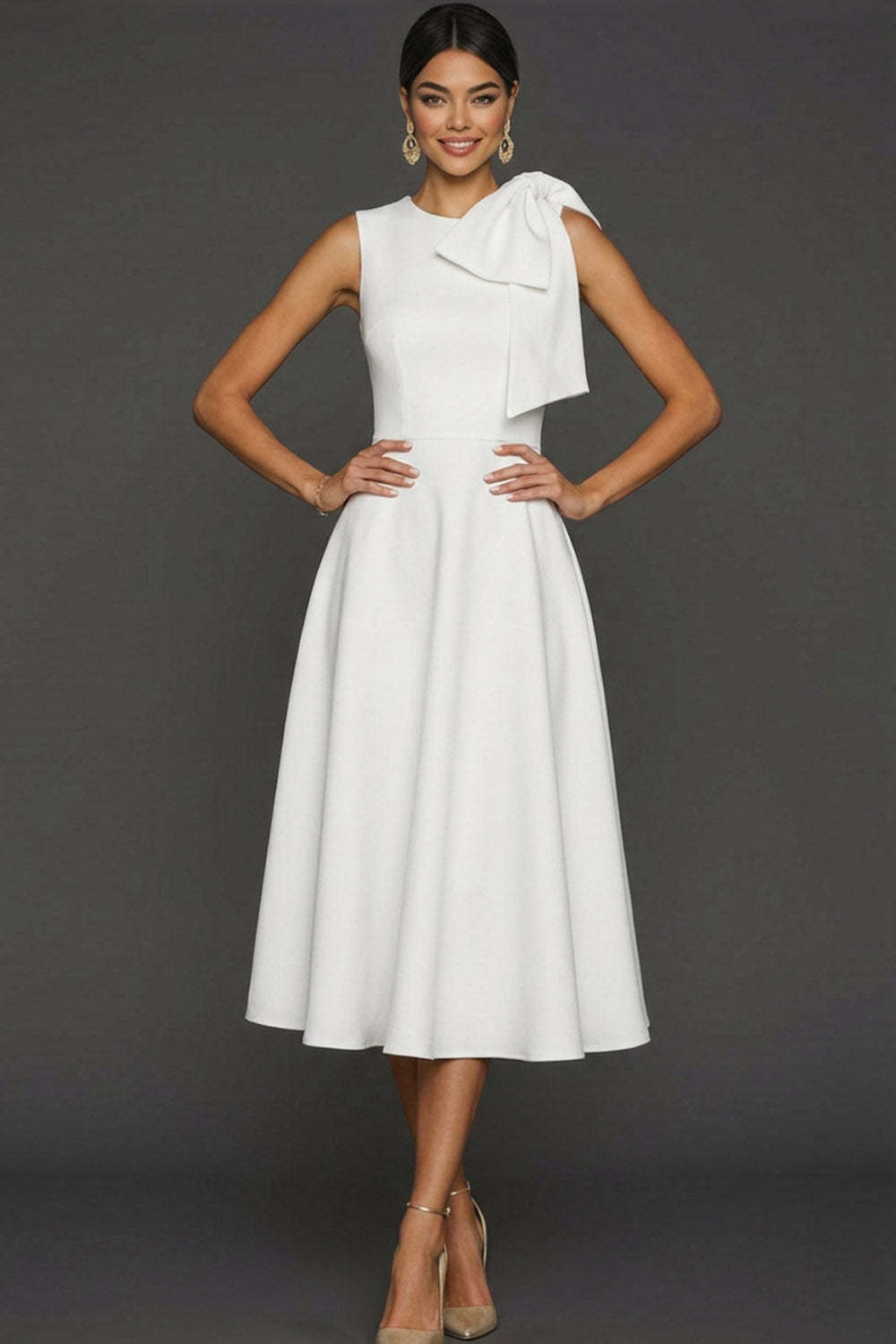 White A Line Round Neck Long Wedding Reception Dress with Bow
