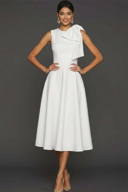 White A Line Round Neck Long Wedding Reception Dress with Bow