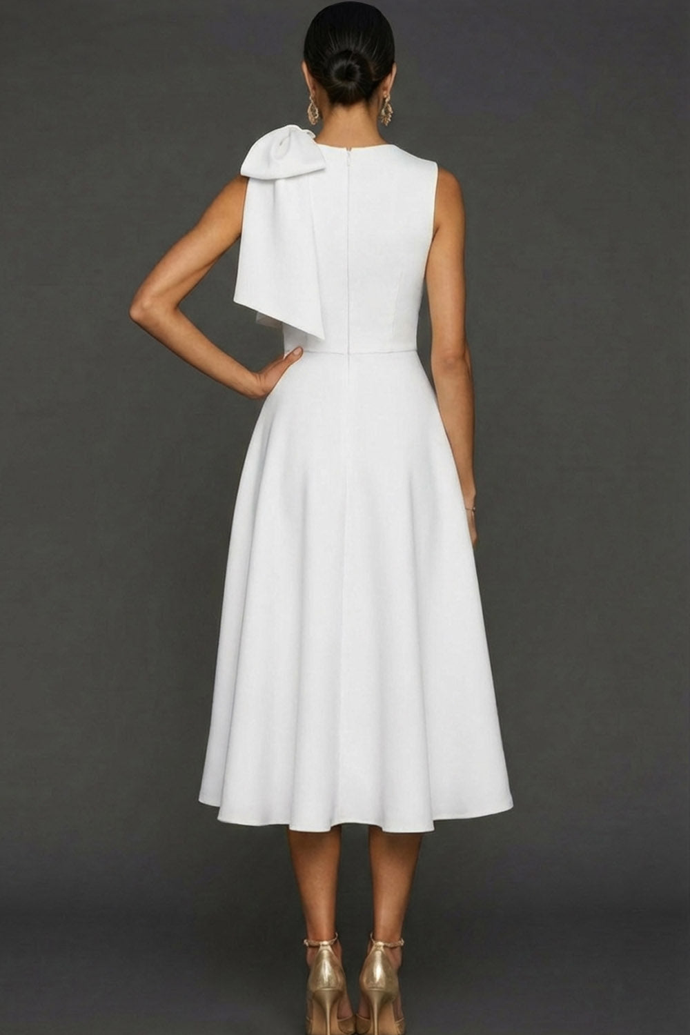 White A Line Round Neck Long Wedding Reception Dress with Bow