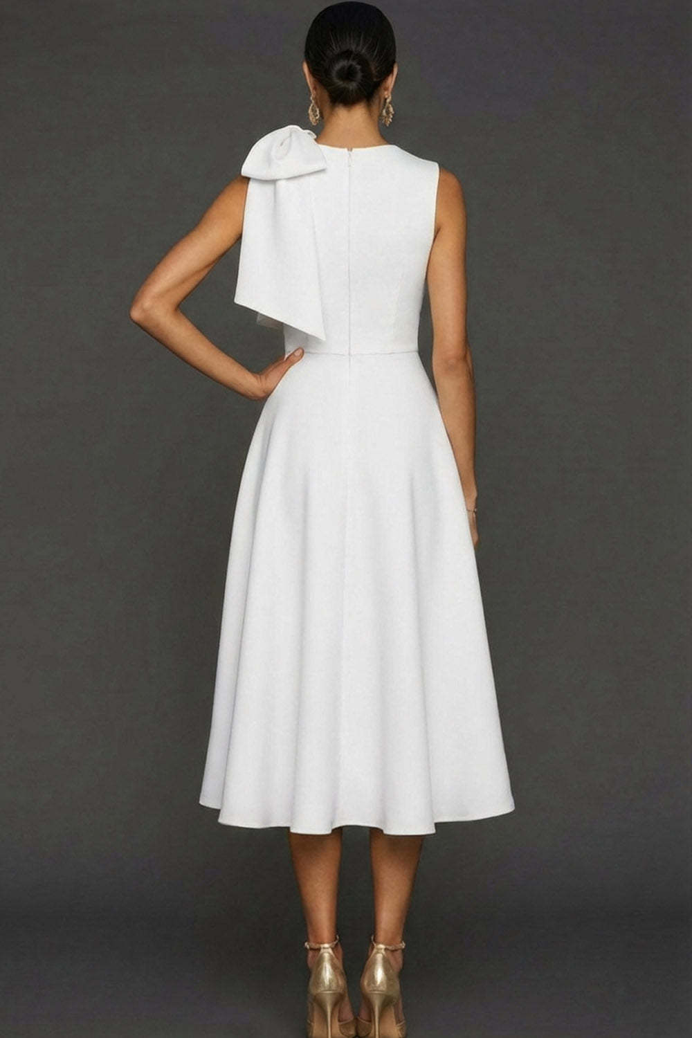 White A Line Round Neck Long Wedding Reception Dress with Bow