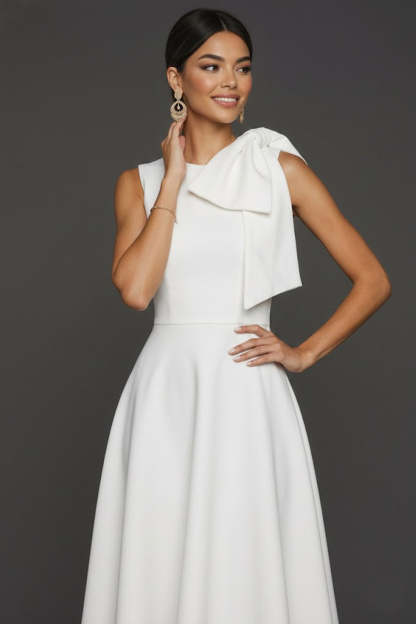 White A Line Round Neck Long Wedding Reception Dress with Bow