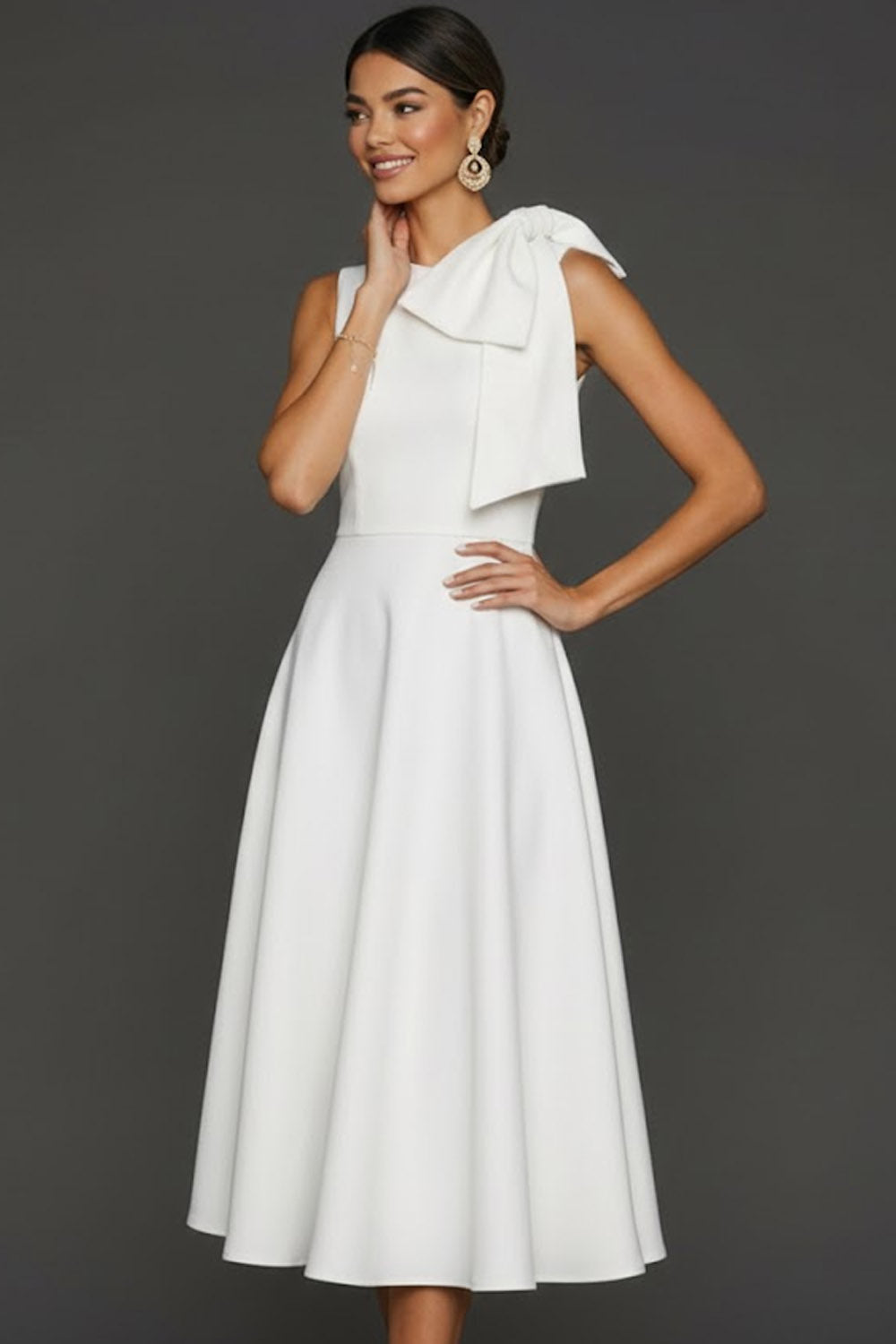 White A Line Round Neck Long Wedding Reception Dress with Bow