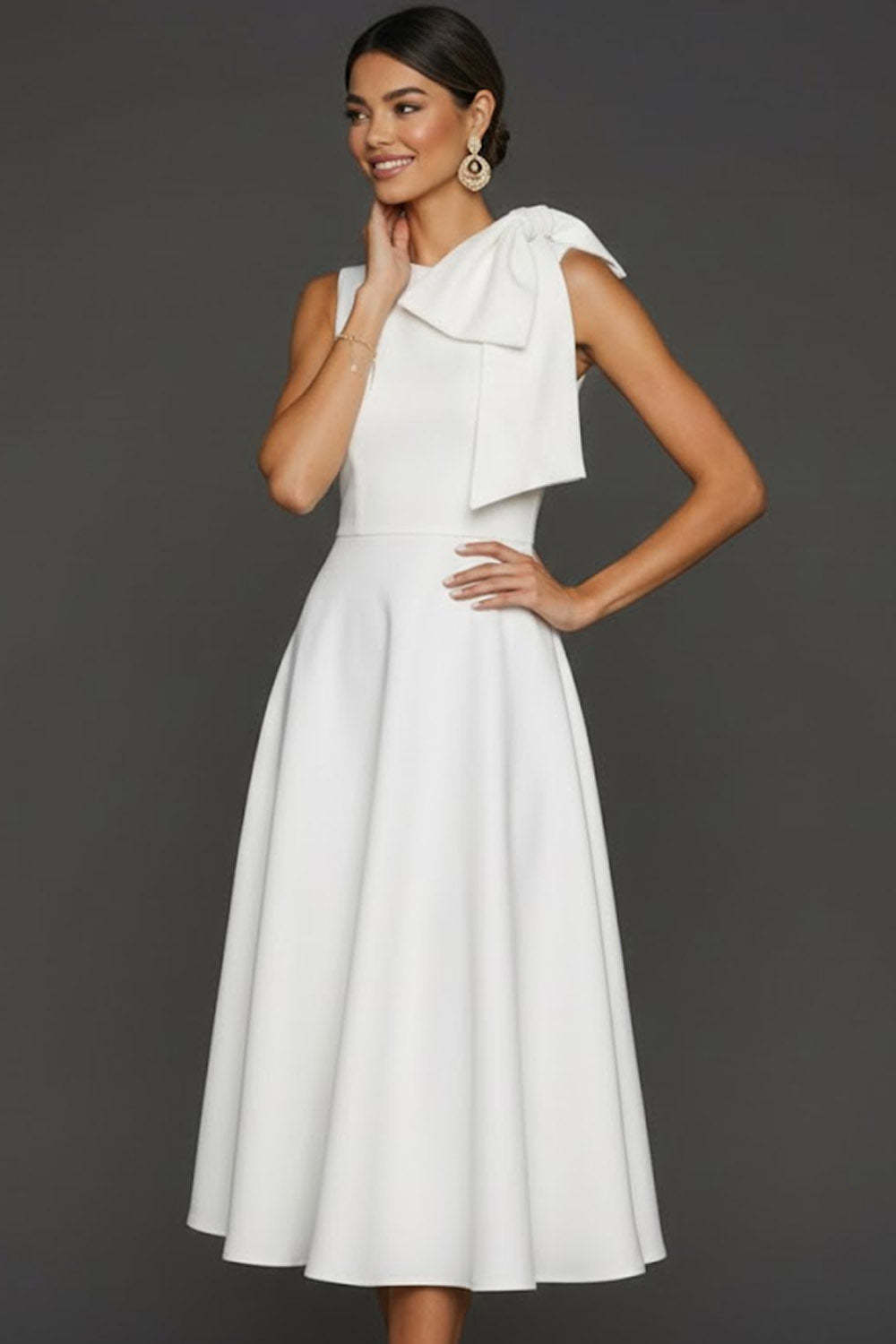 White A Line Round Neck Long Wedding Reception Dress with Bow