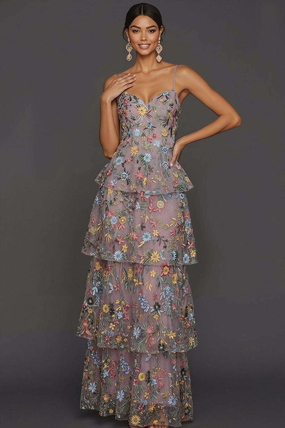 Floral Mauve Tiered A Line Maxi Wedding Guest Dress