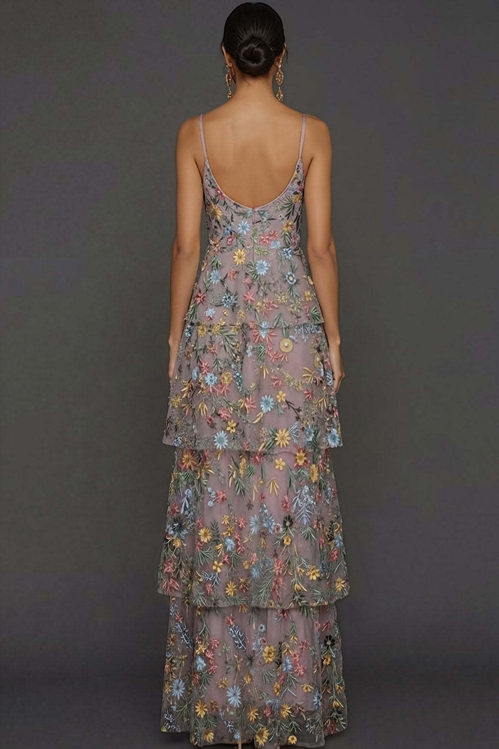 Floral Mauve Tiered A Line Maxi Wedding Guest Dress