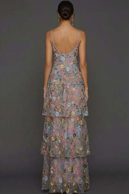 Floral Mauve Tiered A Line Maxi Wedding Guest Dress
