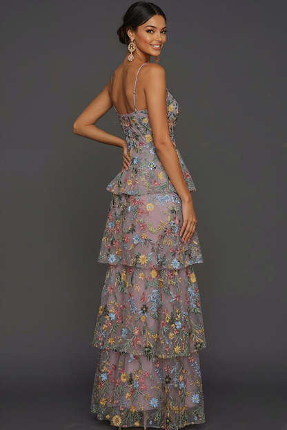 Floral Mauve Tiered A Line Maxi Wedding Guest Dress