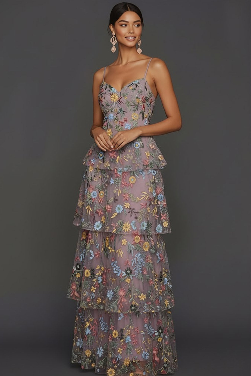 Floral Mauve Tiered A Line Maxi Wedding Guest Dress
