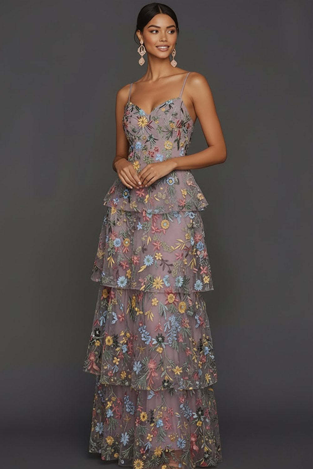 Floral Mauve Tiered A Line Maxi Wedding Guest Dress