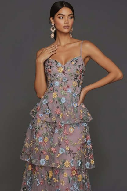 Floral Mauve Tiered A Line Maxi Wedding Guest Dress