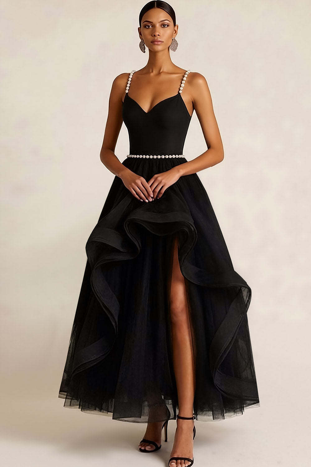 Leely Women Black Tulle A Line Long Formal Dress with Slit Ruffled Beaded Spaghetti Straps Evening Dress