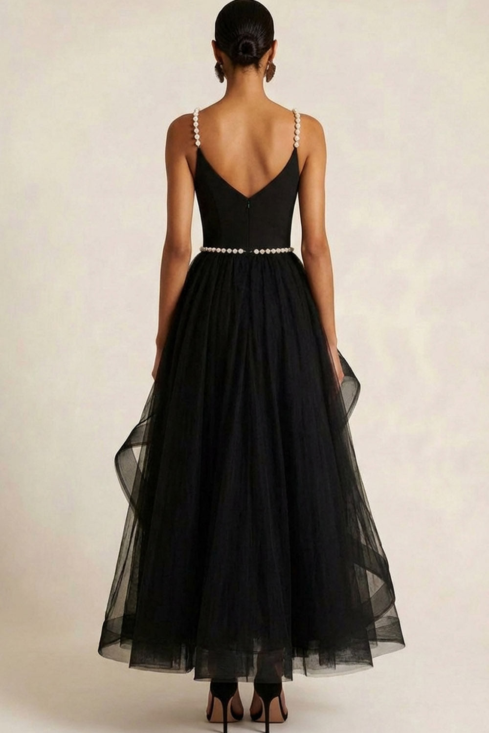 Black Tulle Ruffled A Line Long Formal Dress with Slit