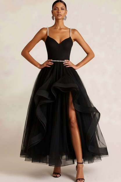 Black Tulle Ruffled A Line Long Formal Dress with Slit