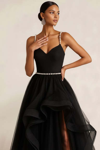 Black Tulle Ruffled A Line Long Formal Dress with Slit