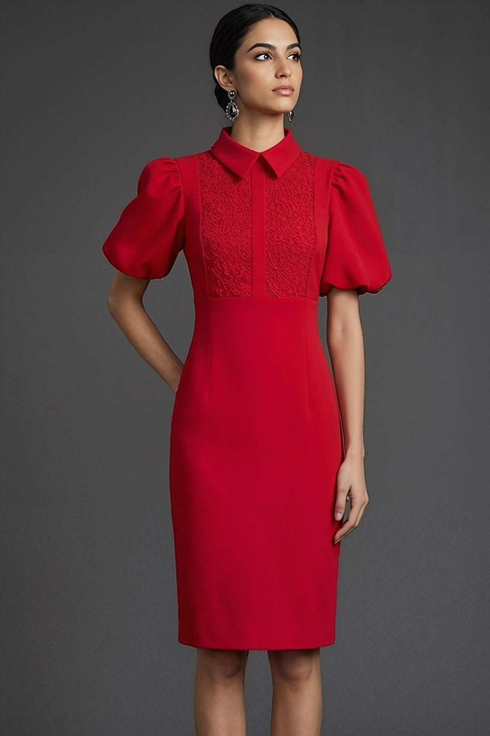 Red Bodycon Puff Sleeves Collar Neck Midi Formal Dress