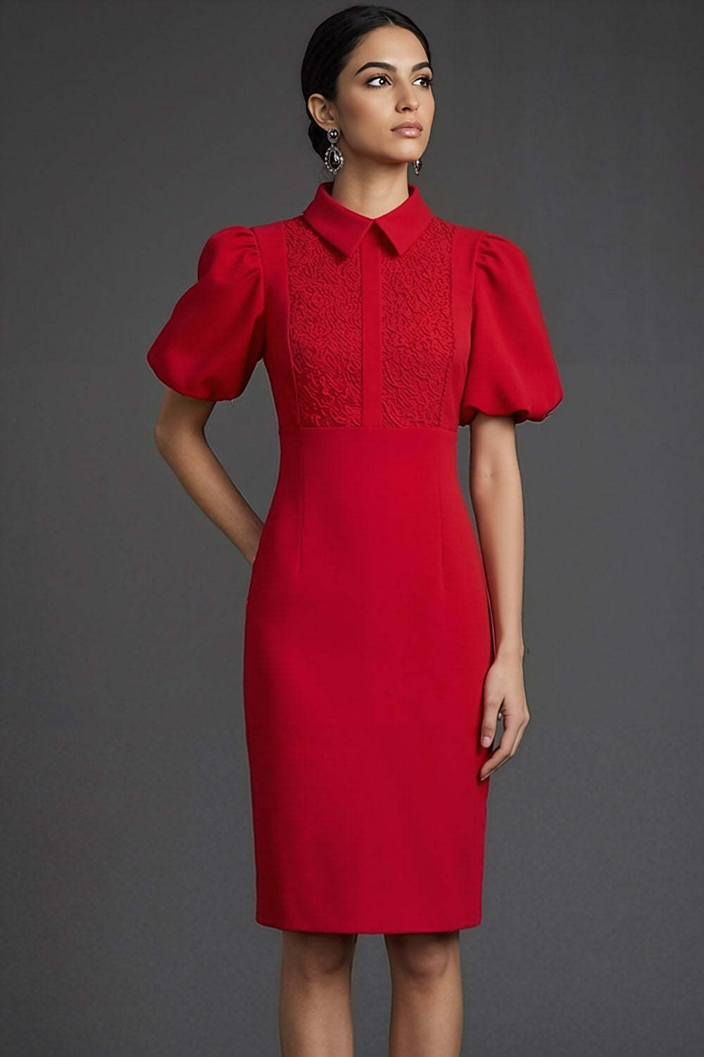 Red Bodycon Puff Sleeves Collar Neck Midi Formal Dress