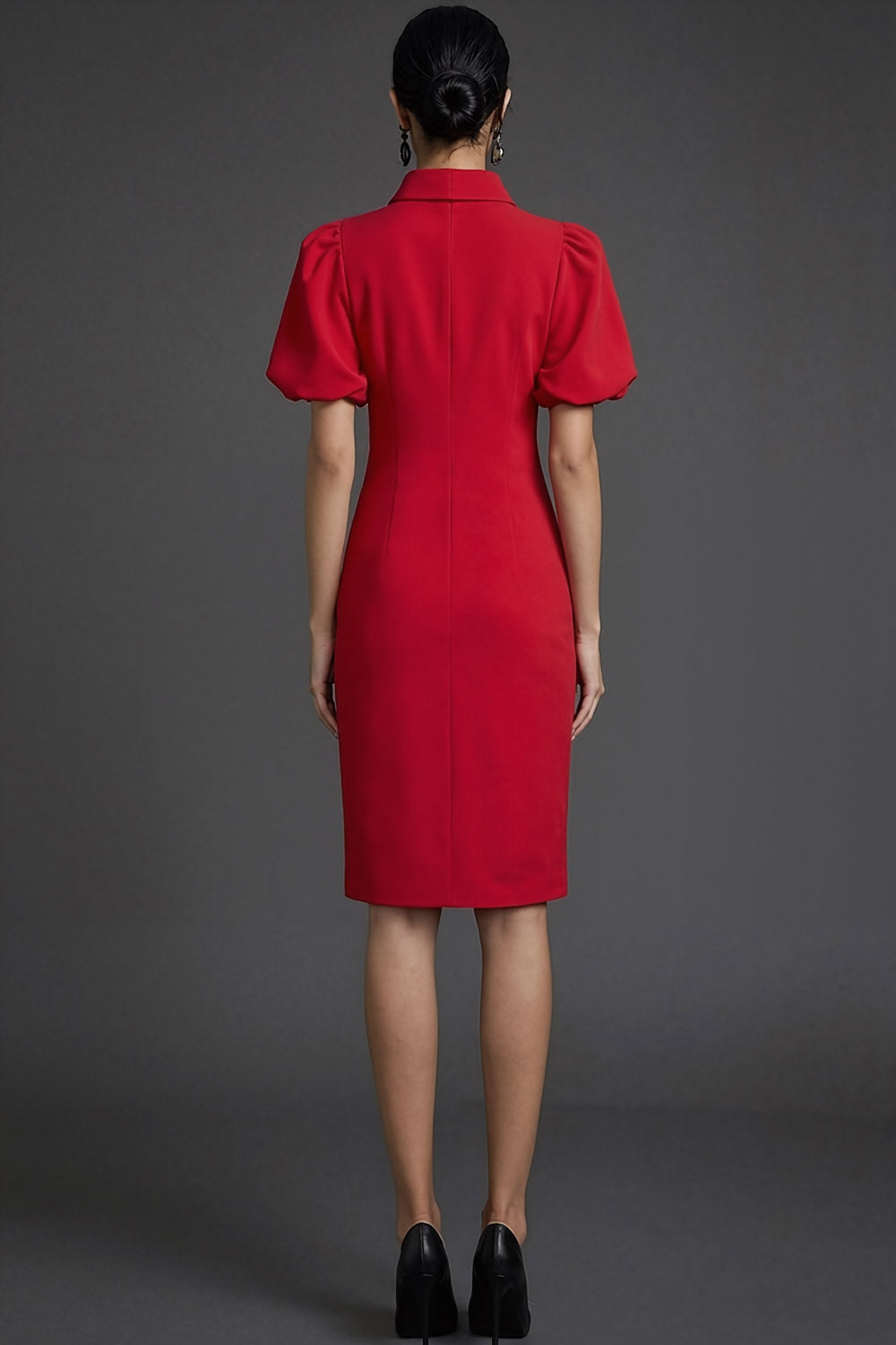 Red Bodycon Puff Sleeves Collar Neck Midi Formal Dress
