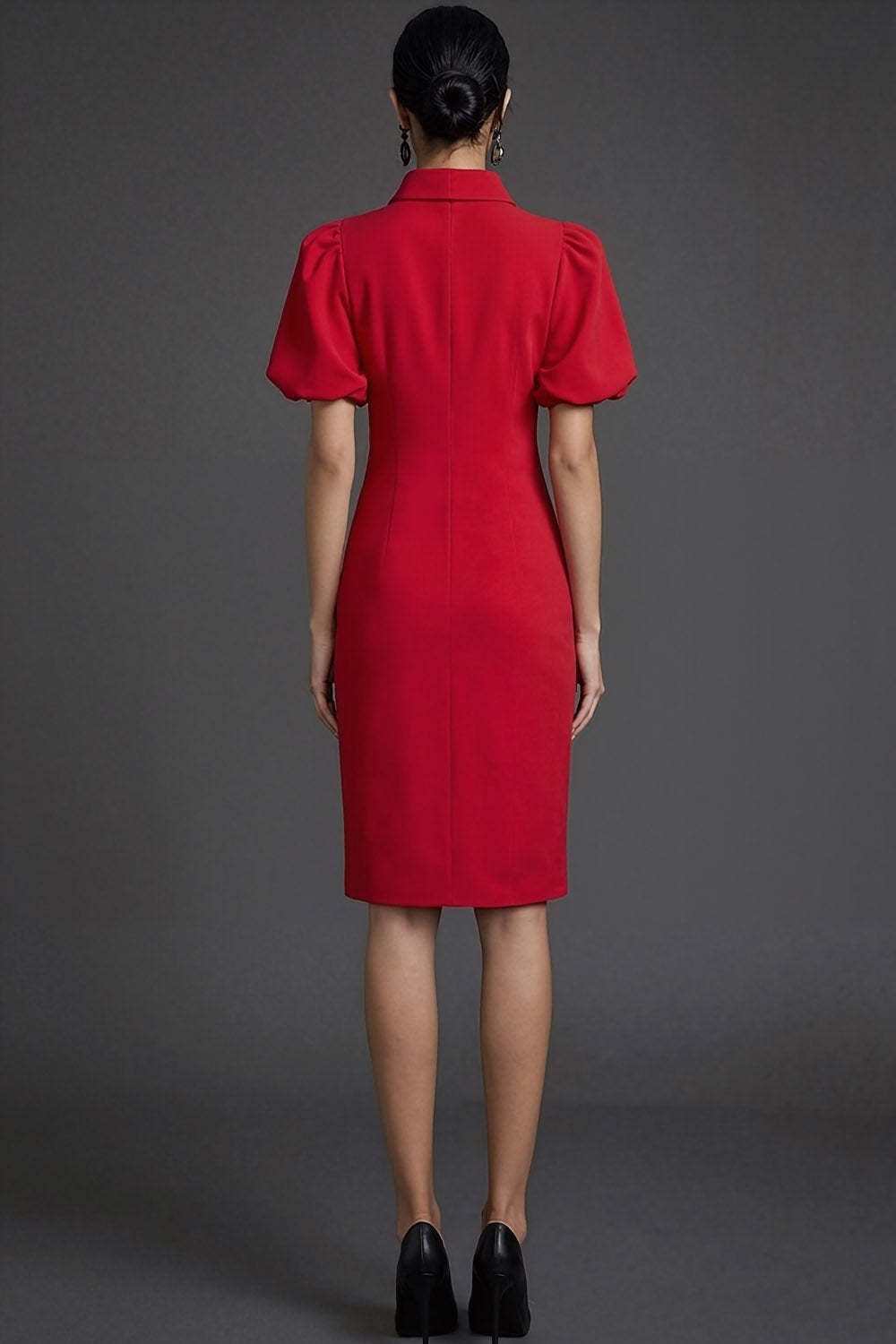 Red Bodycon Puff Sleeves Collar Neck Midi Formal Dress