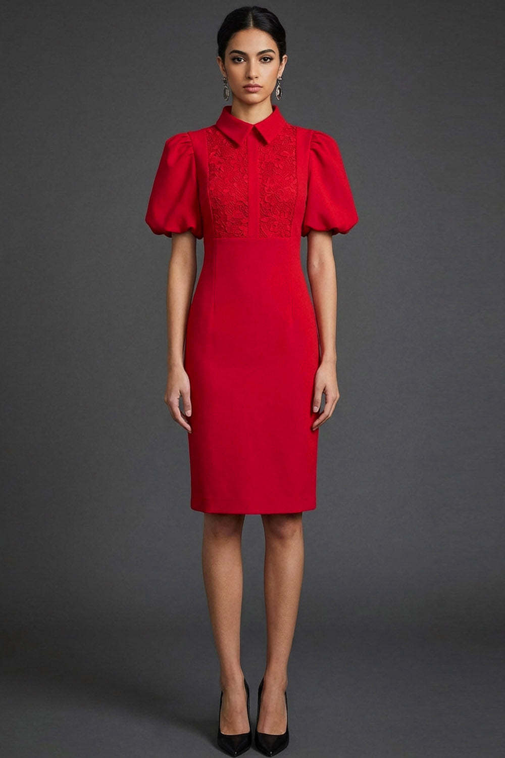 Leely Women Red Bodycon Puff Sleeves Midi Formal Dress Collar Neck Wedding Guest Dress with Lace