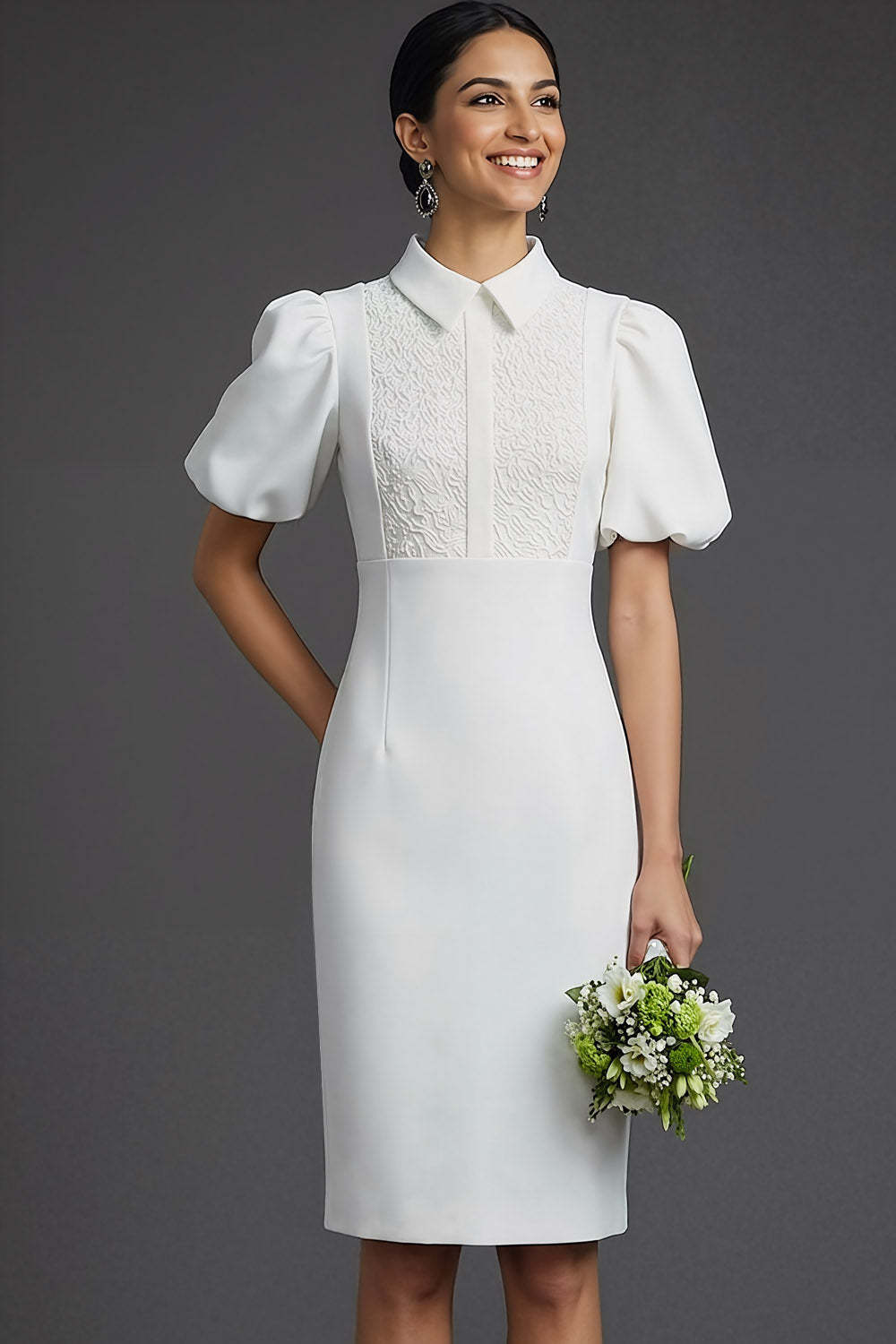 Red Bodycon Puff Sleeves Collar Neck Midi Formal Dress