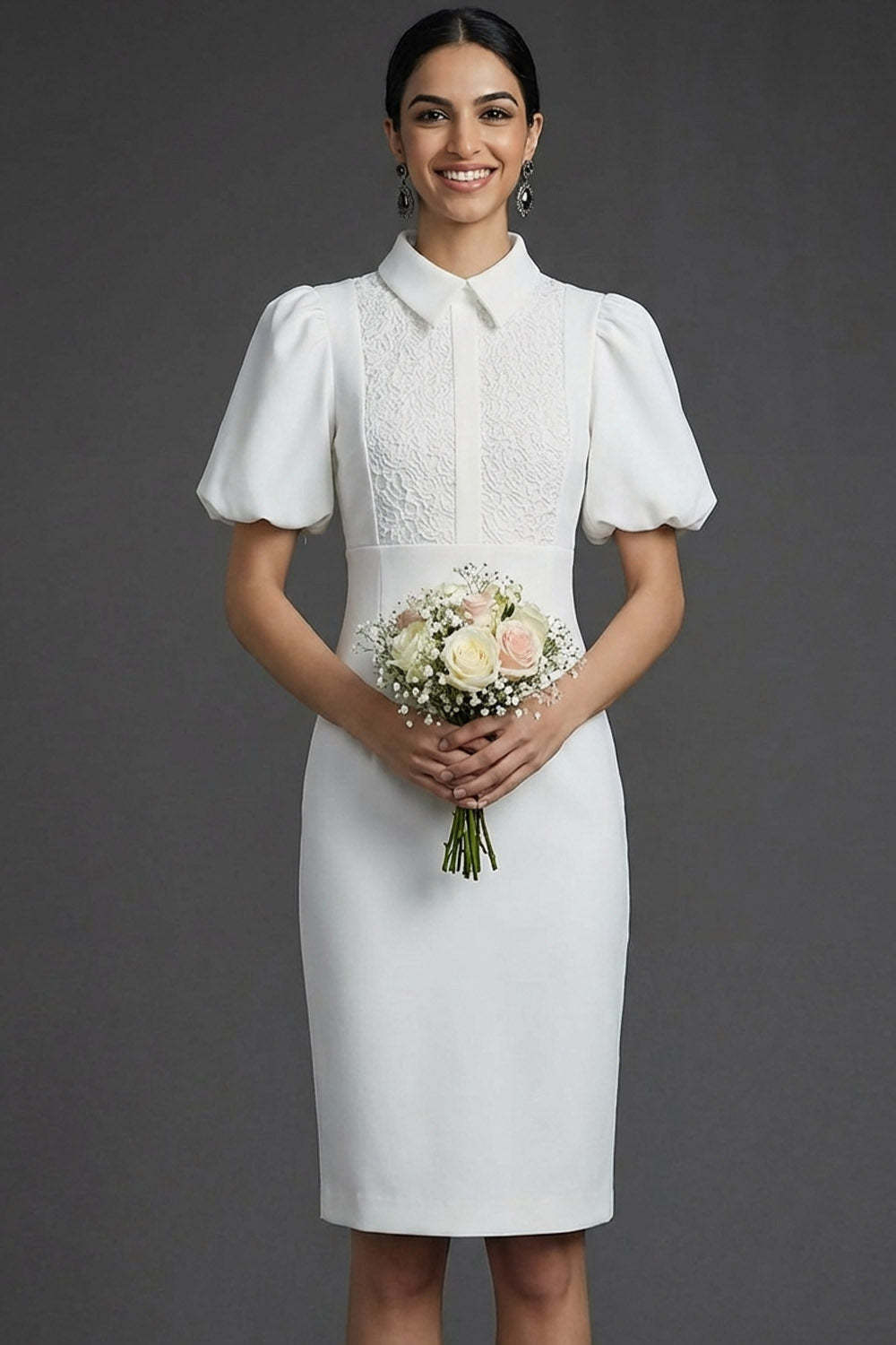 Leely Women White Bodycon Midi Bridal Shower Dress Collar Neck Puff Sleeves Engagement Dress