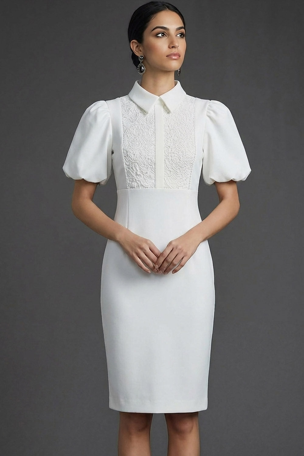 Red Bodycon Puff Sleeves Collar Neck Midi Formal Dress