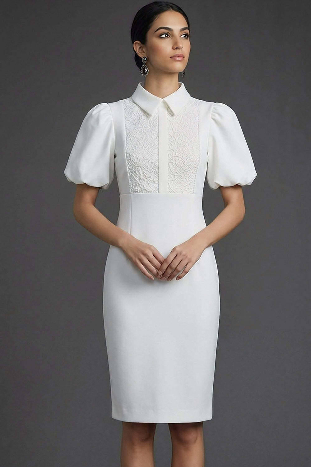 Red Bodycon Puff Sleeves Collar Neck Midi Formal Dress