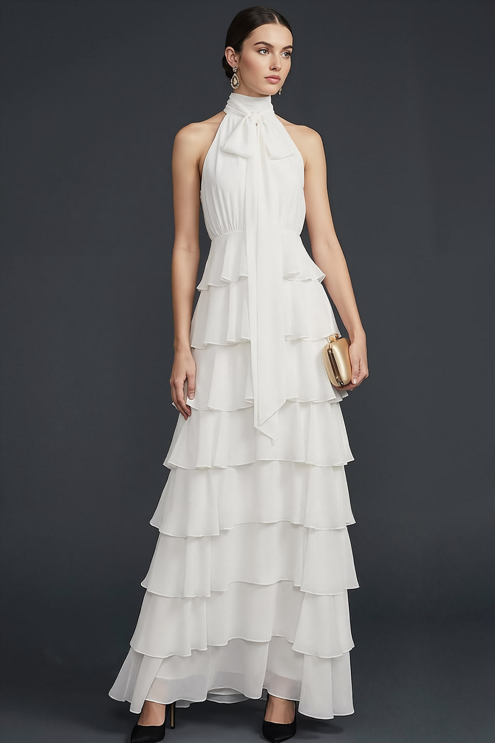 White High Neck Ruffled A Line Maxi Wedding Reception Dress