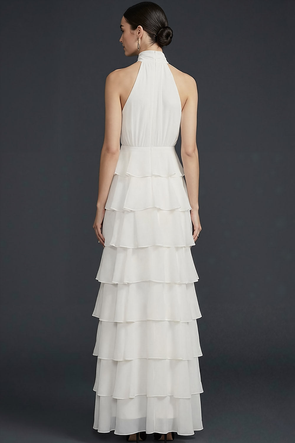 White High Neck Ruffled A Line Maxi Wedding Reception Dress