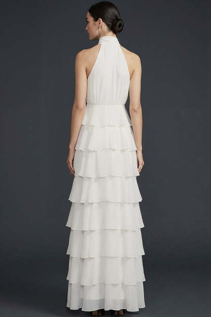 White High Neck Ruffled A Line Maxi Wedding Reception Dress