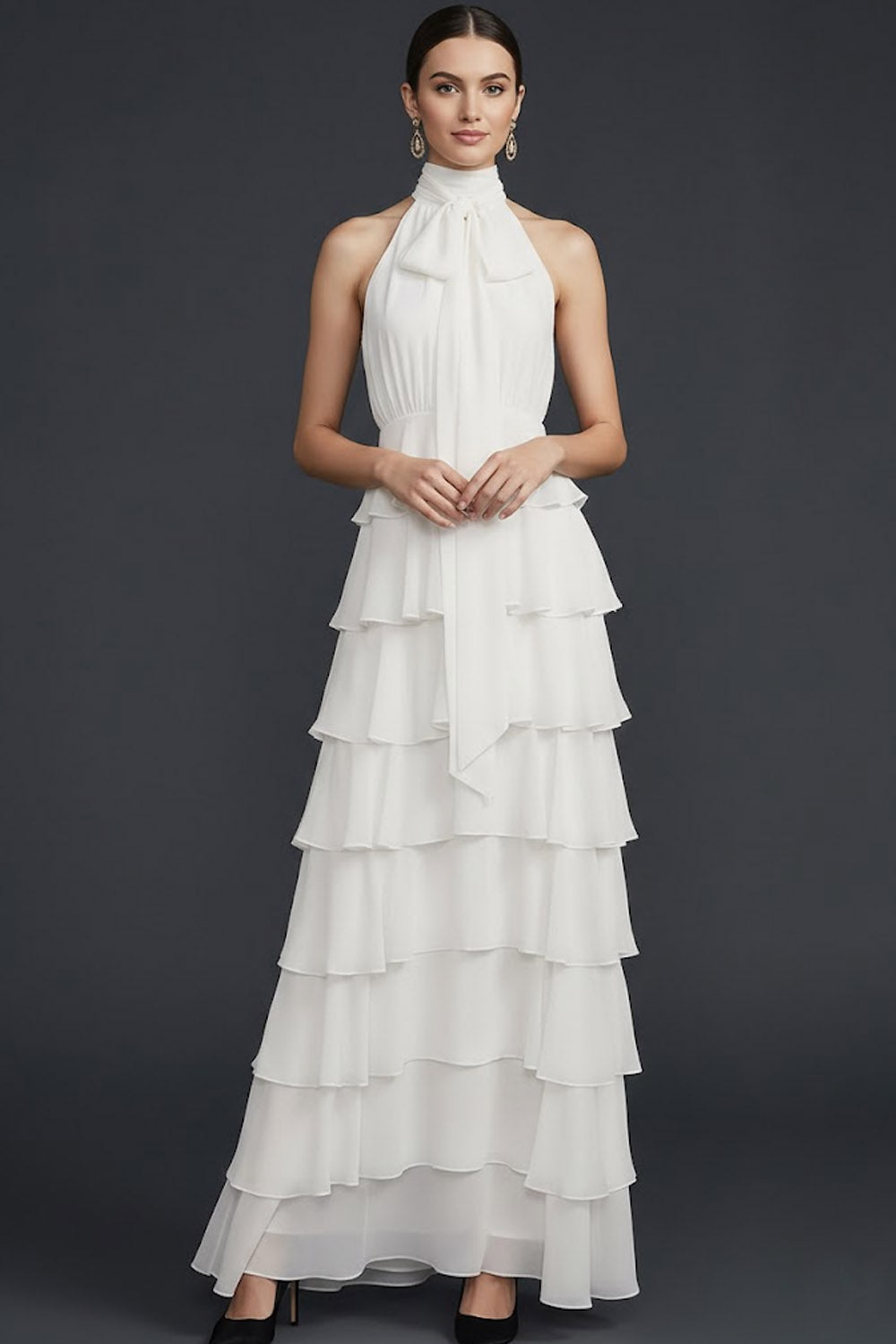 White High Neck Ruffled A Line Maxi Wedding Reception Dress