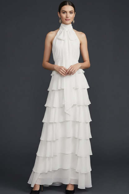 White High Neck Ruffled A Line Maxi Wedding Reception Dress