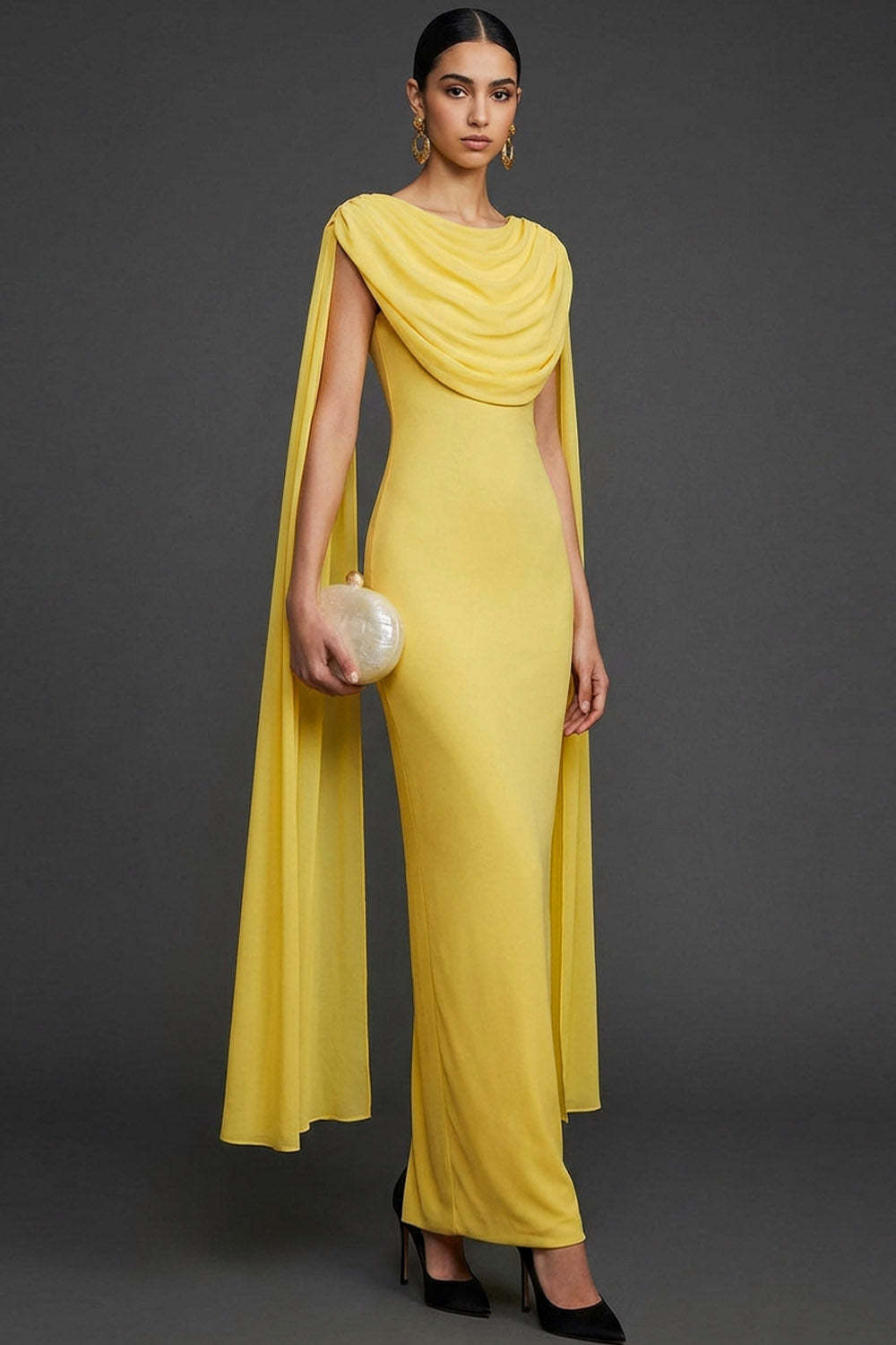 Light Yellow Mermaid Round Neck Long Wedding Guest Dress with Drape