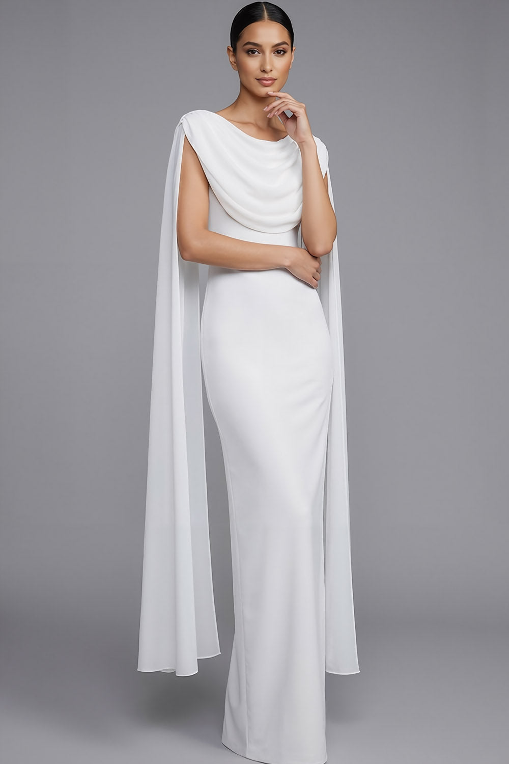 Light Yellow Mermaid Round Neck Long Wedding Guest Dress with Drape